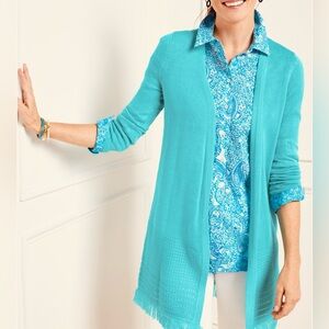 Talbots Textured Fringe Blue Open Cardigan, Large